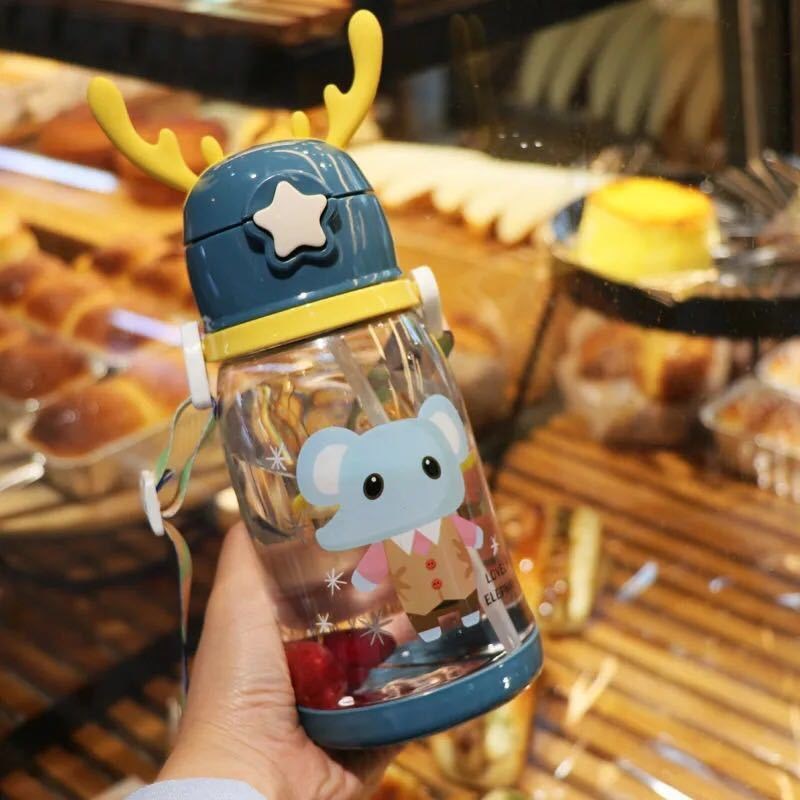 Children's Water Cup Kindergarten Primary School Baby Drop-resistant Cup Cute Girl's Antlers Water Pot Bag Straw Coke Bottle