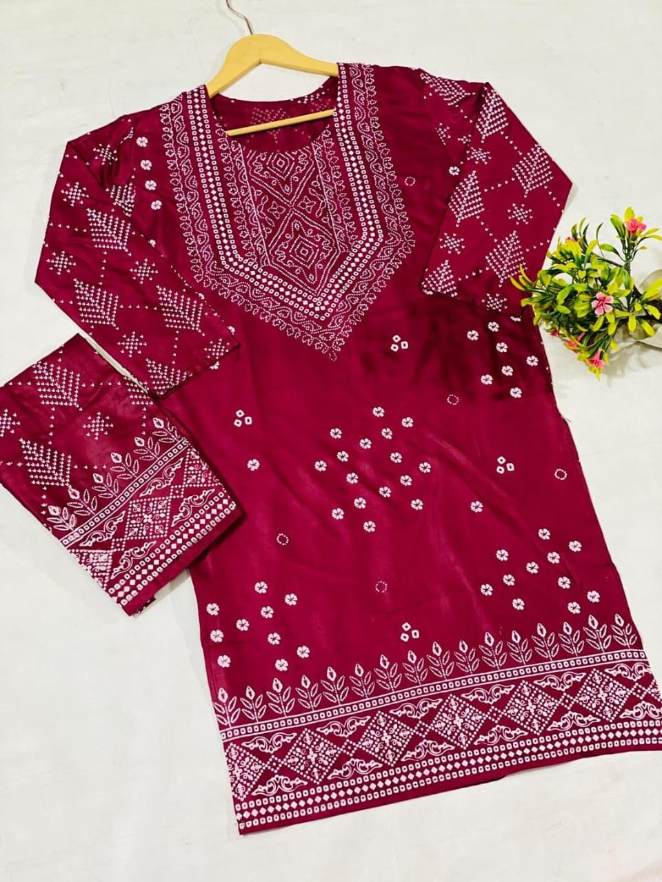 Chic Printed Linen Shirt And Trouser Set - 2 Pcs Ensemble in Maroon